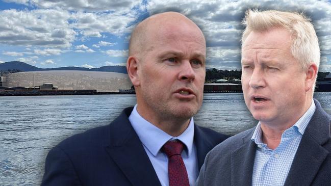 Artist’s impression of the stadium at Macquarie Point, Labor MP Shane Broad and Premier Jeremy Rockliff. Pictures: The Mercury/NewsCorp