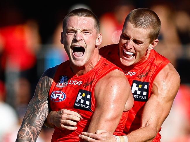 GOLD COAST, AUSTRALIA - APRIL 27: Bailey Humphrey of the Suns celebrates a goal during the 2025 AFL Round 07 match between the Gold Coast Suns and the Sydney Swans at People First Stadium on April 27, 2025 in the Gold Coast, Australia. (Photo by Russell Freeman/AFL Photos via Getty Images)