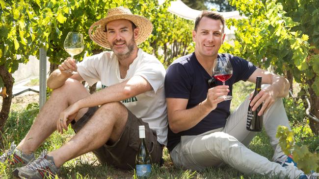 Matthew Brooke and Liam O'Brien are two sommeliers who also make their own wine in the Macedon Ranges. Picture Jay Town.