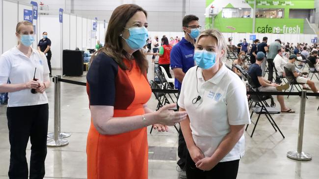 Premier Annastacia Palaszczuk, during a tour on Super Pfizer Weekend at the Brisbane Convention and Exhibition Centre’s vaccine hub. (Pic: Liam Kidston)