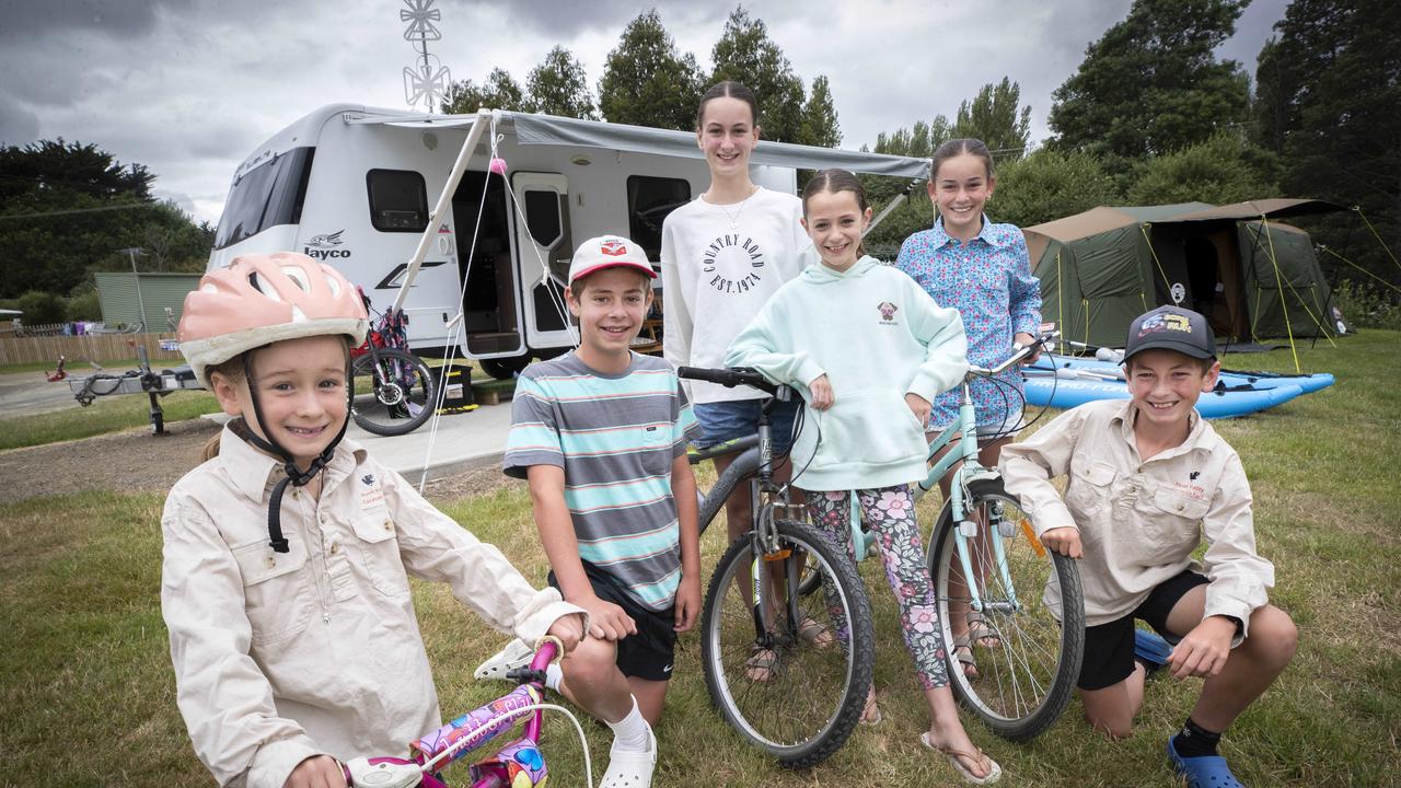 Ava Magarey 6, Hugo Westbury 12, Layla Magarey 14, Ivy Westbury 10, Harper Magarey 12 and Judah Magarey 10 at Huon Valley Caravan Park. Picture: Chris Kidd