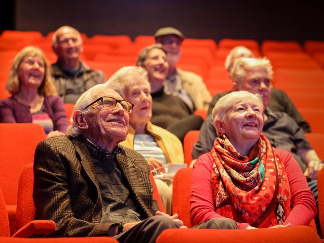 Silverscreen attendees Chris Egerton 66 and David Donaldson 90 who go along to watch movies and make friendships at Mercury CX cinema, Morphett St Adelaide. Image/Russell Millard