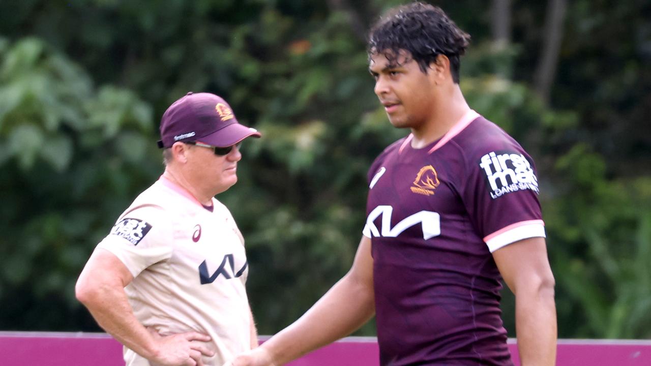 Selwyn Cobbo and Kevin Walters, at Broncos Training, Red Hill, on Monday 9th January 2023 - Photo Steve Pohlner