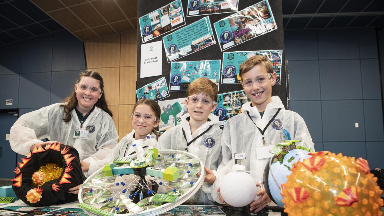 Dalby South State School students (from left) Indira Miers, Layla Read, Joshua Condon and Layten Pope with their black hole project in Kids in Space Queensland finals and showcase at Edmund Rice Cultural Centre St Mary's College, Friday, June 7, 2024. Picture: Kevin Farmer