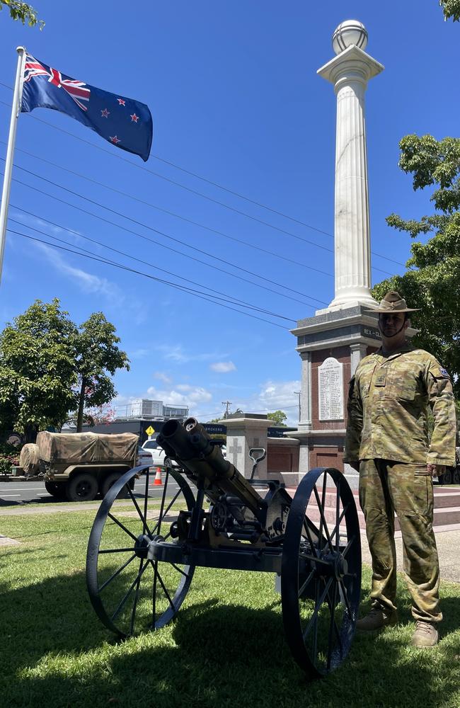 The 7.58 cm leichter minenwerfer presented at the 2022 Remembrance Day memorial in Jubilee Park, Mackay. Photo: Zoe Devenport