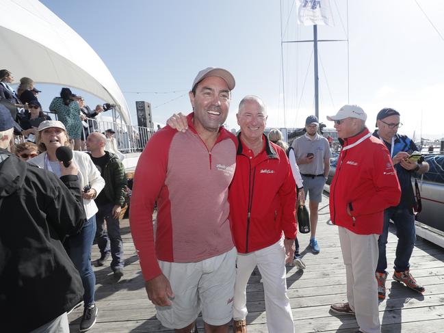 Skipper Mark Richards and Owner Sandy Oatley. Wild Oats XI skippered by Mark Richards sails up the River Derwent on her way to a 9th line honours victory in the 2018 Sydney to Hobart Yacht Race. The yacht crossed the line in 1d 19hrs 7mins 21secs . Picture: RICHARD JUPE