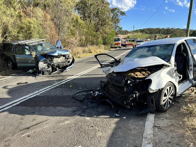 A head on crash between a ute and hatchback on Mona Vale Rd at Ingleside in August, 2023, which left three people, including an elderly couple, in Royal North Shore Hospital. Picture: Terrey Hills Rural Fire Service