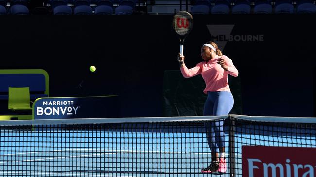 Serena Williams trains on Rod Laver Arena on Thursday while several rivals were in isolation Picture: AFP