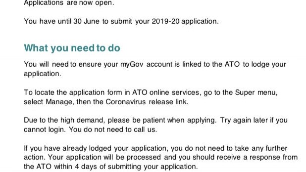 Email correspondence sent by the Australian Taxation Office who have registered their interest to access superannuation early. Picture: Supplied.