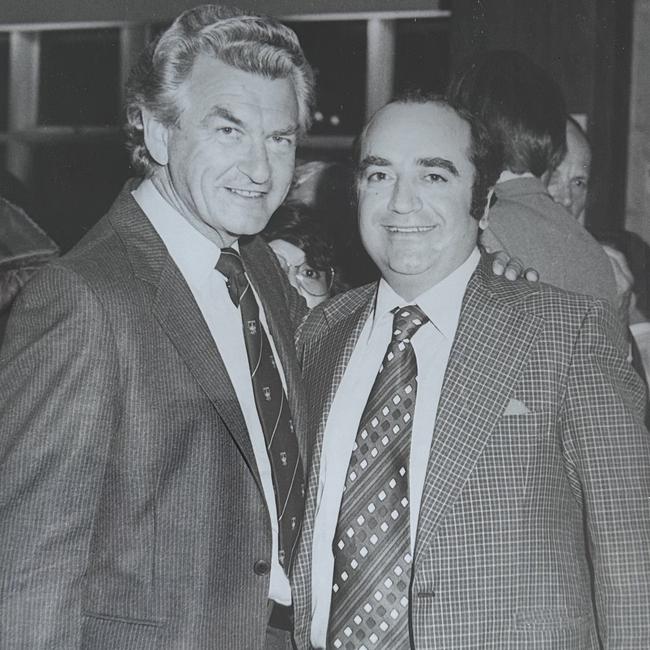 Manly tailor Stefano Leface (right) with then president of the ACTU, and future Labor prime minister, Bob Hawke. Picture: Supplied