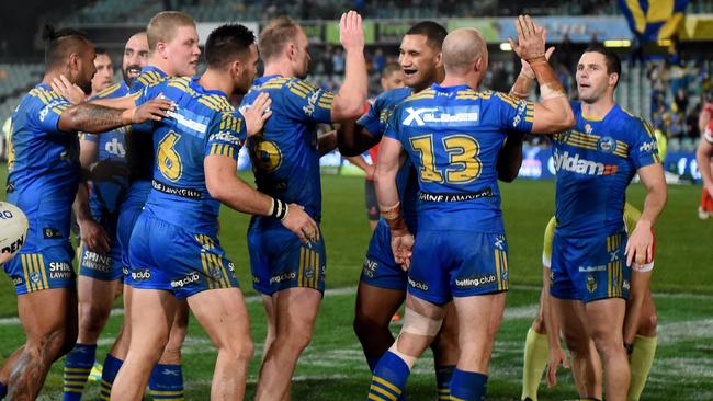 Parramatta Eels players celebrate their 22-18 win against Sydney. Picture: AAP Image/Dean Lewins