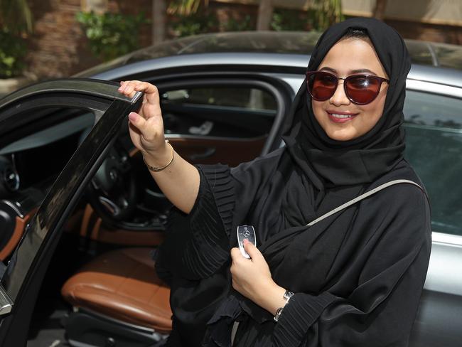 Fadya Fahad, 23, one of the first female drivers for ride-sharing company Careem on the first day she is legally allowed to drive in Saudi Arabia. Picture: Sean Gallup/Getty Images