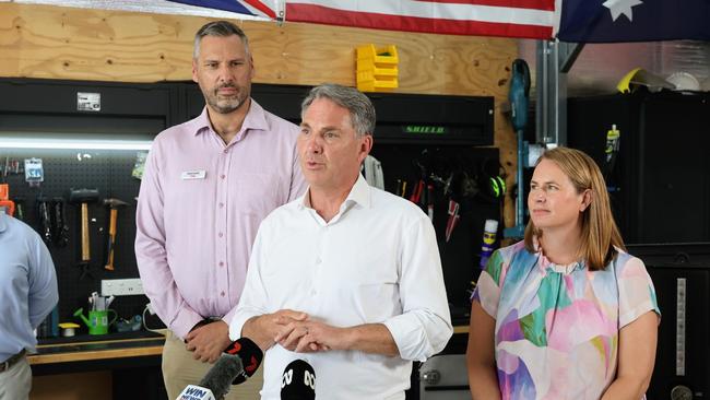 The federal defence minister Richard Marles has visited Cairns, pictured with Labor candidate for Leichhardt Matt Smith (left) and Queensland senator Nita Green. Picture: Brendan Radke