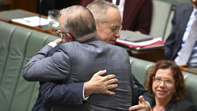 CANBERRA, AUSTRALIA  - NewsWire Photos - November 21, 2024: Prime Minister Anthony Albanese congratulates Bill Shorten after his valedictory speech at Parliament House in Canberra. Picture: NewsWire / Martin Ollman