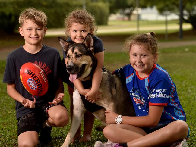 Harley, 8, India, 4, and Summer Clifford, 10, with Ruby enjoy the start of the school holidays at Riverway. Picture: Evan Morgan