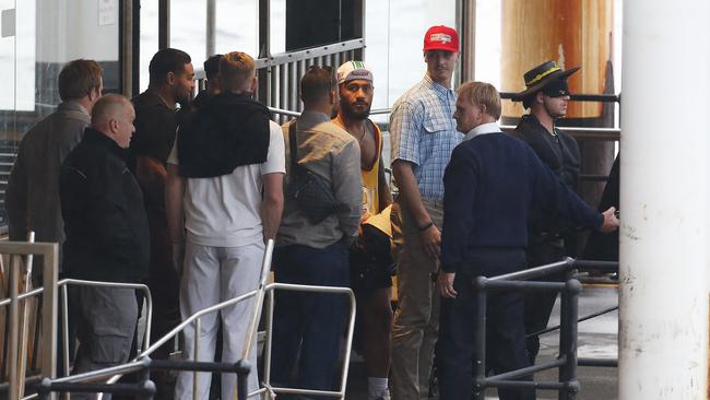 Lane dressed as Forrest Gump with then-teammates from the Manly Sea Eagles for Mad Monday celebrations in 2018. Picture: David Swift.