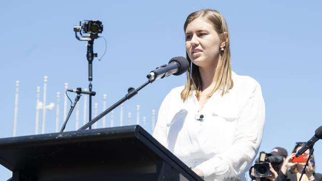 Brittany Higgins speaks at the Canberra Womens March 4 Justice. Picture: Getty Images