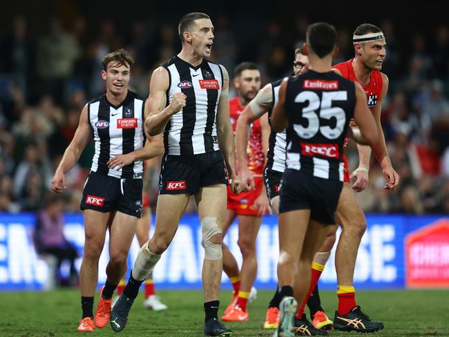 GOLD COAST, AUSTRALIA - JULY 01: Darcy Cameron of the Magpies celebrates a goal during the round 16 AFL match between Gold Coast Suns and Collingwood Magpies at Heritage Bank Stadium, on July 01, 2023, in Gold Coast, Australia. (Photo by Chris Hyde/AFL Photos/via Getty Images)