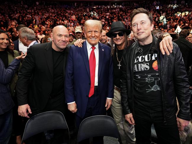 NEW YORK, NEW YORK - NOVEMBER 16: (L-R) Joe Rogan, President-elect Donald Trump, Kid Rock and Elon musk pose for a photo during the UFC 309 event at Madison Square Garden on November 16, 2024 in New York City. (Photo by Chris Unger/Zuffa LLC)