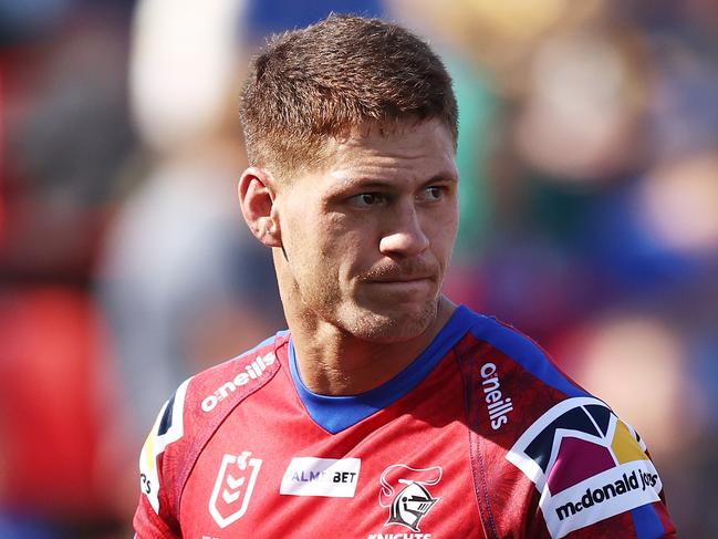 NEWCASTLE, AUSTRALIA - APRIL 24:  Kalyn Ponga of the Knights warms up during the round seven NRL match between the Newcastle Knights and the Parramatta Eels at McDonald Jones Stadium, on April 24, 2022, in Newcastle, Australia. (Photo by Matt King/Getty Images)