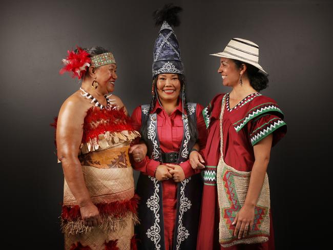 Loni Kube originally from Samoa, Cholpon Tabyldieva originally from Kyrgyzstan, Ana Carolina Ceballos originaly from Panama who are all participants in the project 177 Nations of Tasmania by Mark Thomson and Andrew Wilson.  Picture: Nikki Davis-Jones