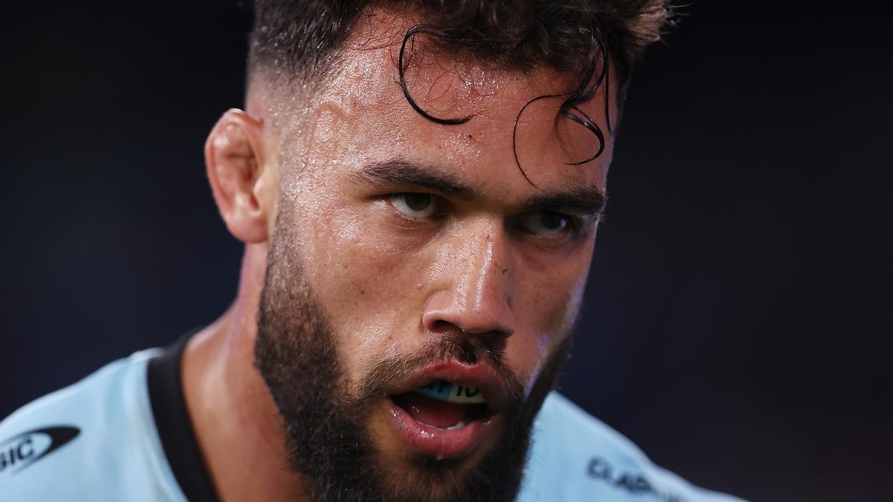 SYDNEY, AUSTRALIA - SEPTEMBER 20: Toby Rudolf of the Sharks looks on during the NRL Semi Final match between Cronulla Sharks and North Queensland Cowboys at Allianz Stadium on September 20, 2024 in Sydney, Australia. (Photo by Jason McCawley/Getty Images)