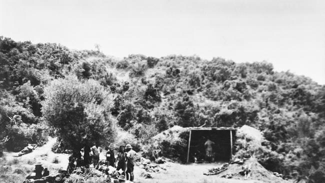 Bivouac of the 4th Infantry Brigade at the foot of Sari Bair ridge. Brigadier General Monash together with Lieutenant Colonel McGlynn preparing to occupy a German officer's dugout and camp in Australia Gully.