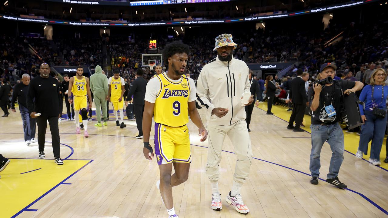 Bronny James and LeBron James of the Los Angeles Lakers. Photo by Ezra Shaw/Getty Images.