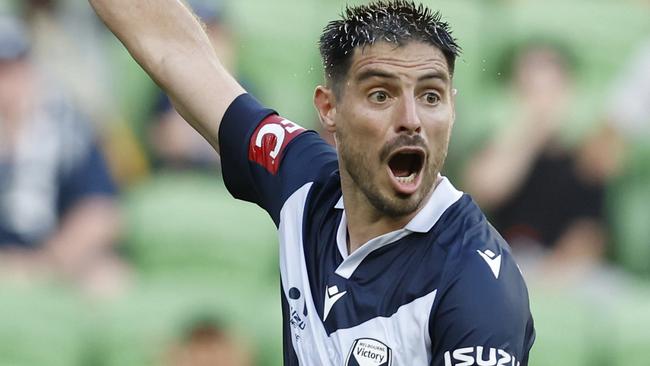 MELBOURNE, AUSTRALIA - FEBRUARY 10: Bruno Fornaroli of Melbourne Victory reacts during the A-League Men round 16 match between Melbourne Victory and Macarthur FC at AAMI Park, on February 10, 2024, in Melbourne, Australia. (Photo by Darrian Traynor/Getty Images)