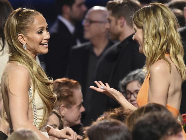 A candid moment between JLo and Laura Dern. Picture: AP