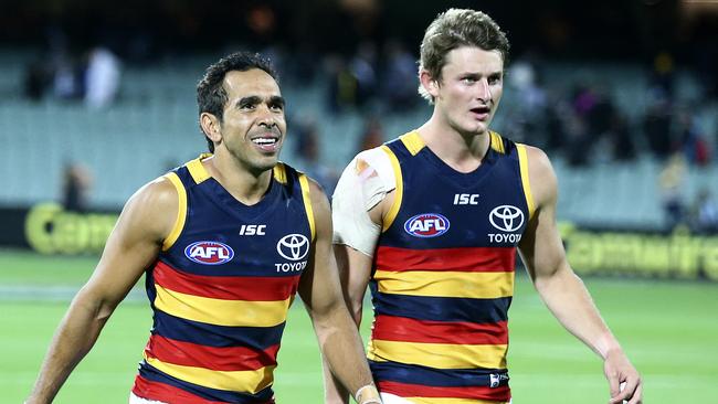 Eddie Betts and Matt Crouch enjoy the Crows win. Picture Sarah Reed