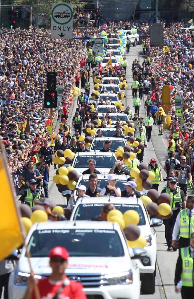 The 2015 Grand Final Parade travelling its new route through the streets of Melbourne. Picture: Alex Coppel.