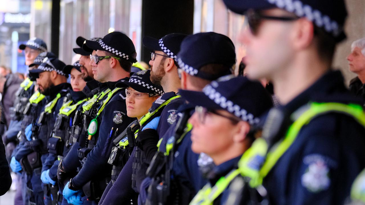 Police at an anti-vax protest in Melbourne. Picture: NewsWire/Luis Enrique Ascui