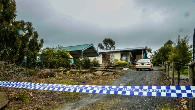 Crime scene tape at the victim’s house in Tungkillo. Picture: AAP/Roy Vandervegt