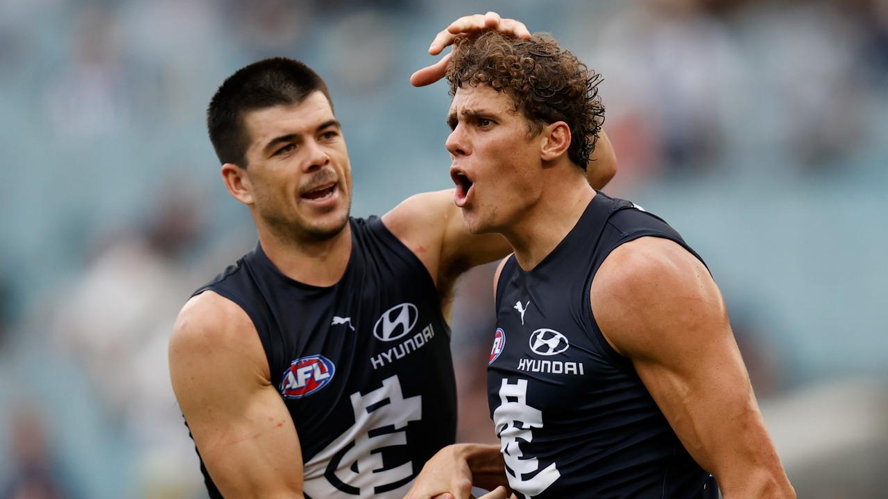 Charlie Curnow sealed the Blues thrilling three-point win. Picture: Michael Willson