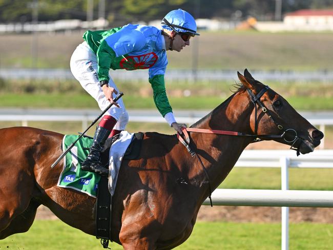 WARRNAMBOOL, AUSTRALIA - MAY 01: Fred Kersley riding Tuvalu winning race 8, the The Midfield Group Wangoom Handicap during Galleywood Day at Warrnambool Racecourse on May 01, 2024 in Warrnambool, Australia. (Photo by Vince Caligiuri/Getty Images)