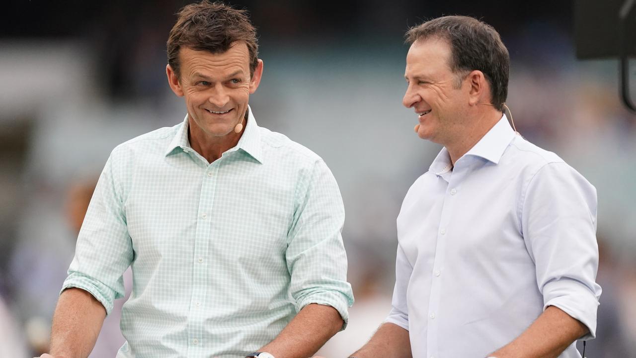 Former cricketers and now commentators Adam Gilchrist and Mark Waugh. AAP Image/Michael Dodge.