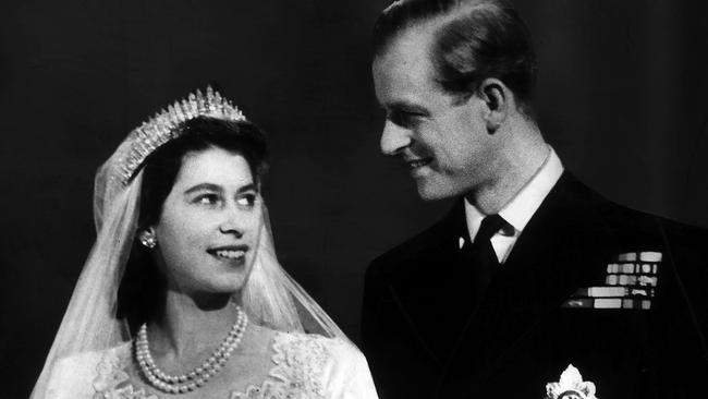 Elizabeth and Philip on their wedding day in 1947. Picture: Mega