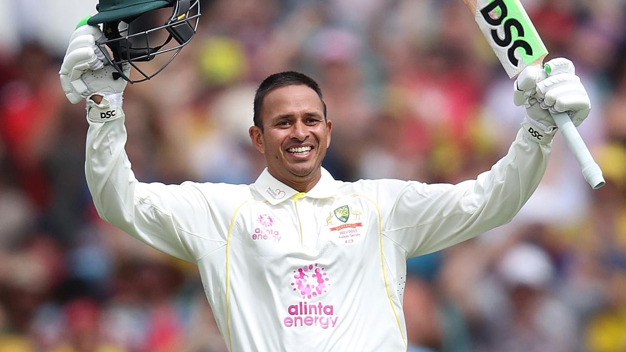 Australia's Usman Khawaja celebrates his century. Photo by Phil Hillyard