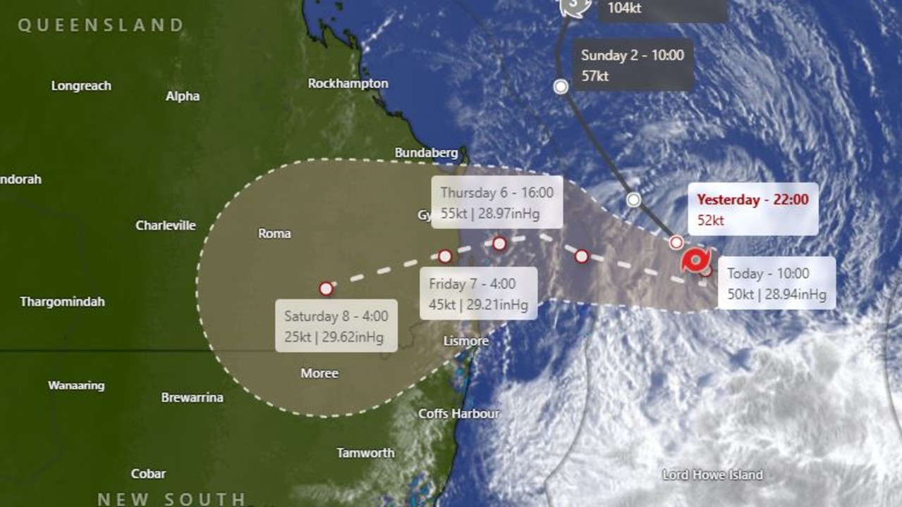 Tropical Cyclone Alfred's predicted path as of 6.30am Tuesday. Picture: Windy