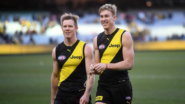 Jack Riewoldt and Tom Lynch are finding greater synergy the more they play together. Picture: AAP Image/Julian Smith.