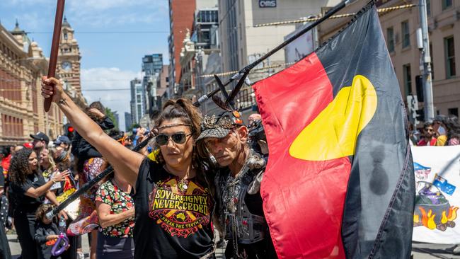 Lidia Thorpe takes part march from Parliament House to Flinder's Street Station during the Treaty Before Voice Invasion Day Protest.