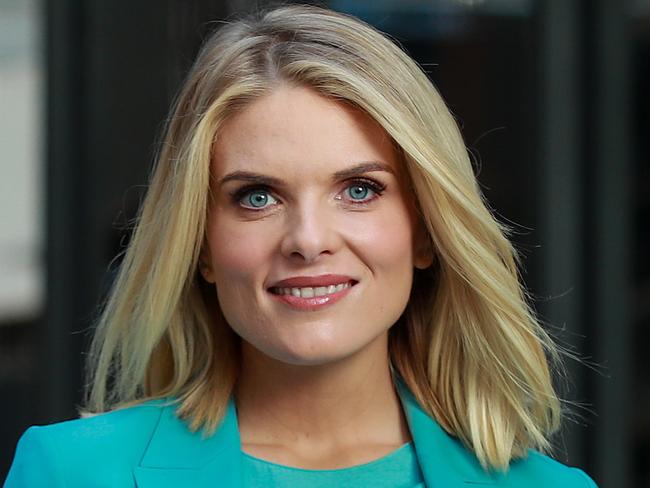 Erin Molan, in North Sydney, today, speaking about new fines for online trolling.Picture:Justin Lloyd.