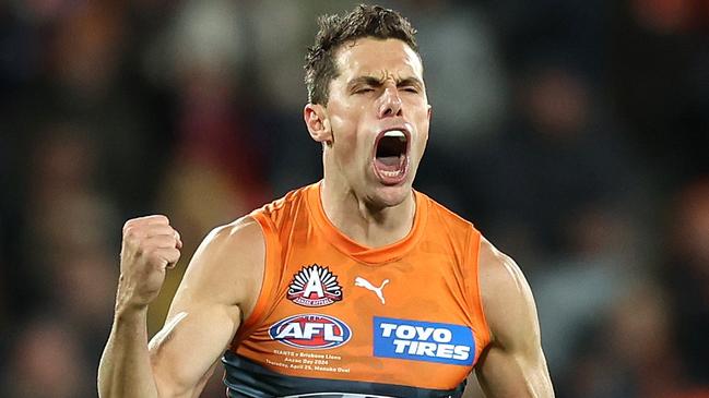 CANBERRA, AUSTRALIA - APRIL 25: Josh Kelly of the Giants celebrates kicking a goal during the round seven AFL match between Greater Western Sydney Giants and Brisbane Lions at Manuka Oval, on April 25, 2024, in Canberra, Australia. (Photo by Mark Metcalfe/AFL Photos/via Getty Images )