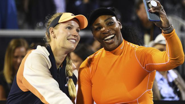 Caroline Wozniacki and Serena Williams share a selfie after their finals doubles match at the ASB Classic in Auckland, New Zealand in January. Picture: Chris Symes