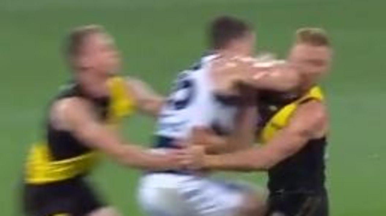 Patrick Dangerfield knocked Nick Vlastuin out cold.