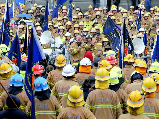 Firefighters rally on the steps of Parliament House. Picture: Tim Carrafa