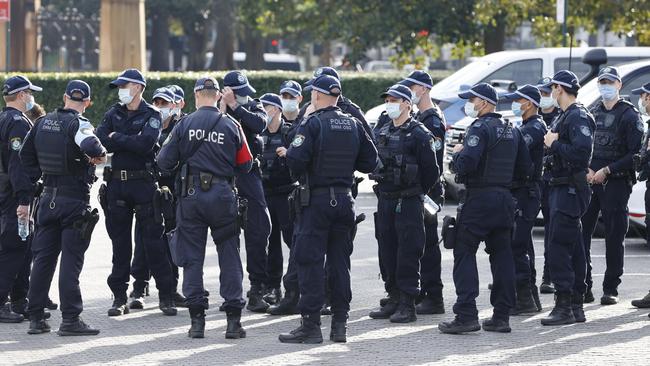 Police at Victoria Park on Saturday preparing for any potential protest. Picture: Tim Hunter