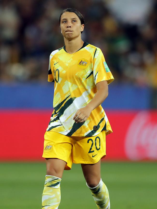 Sam Kerr reacts after missing her team's first penalty.