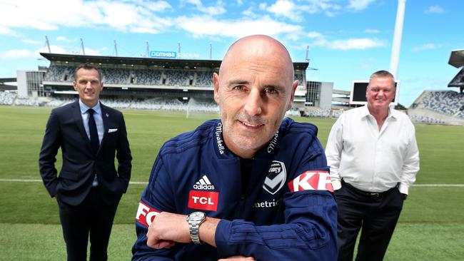 Melbourne Victory CEO Trent Jacobs and coach Kevin Muscat with Kardinia Park Stadium Trust chief executive Michael Brown at GMHBA Stadium in March. Picture: Glenn Ferguson